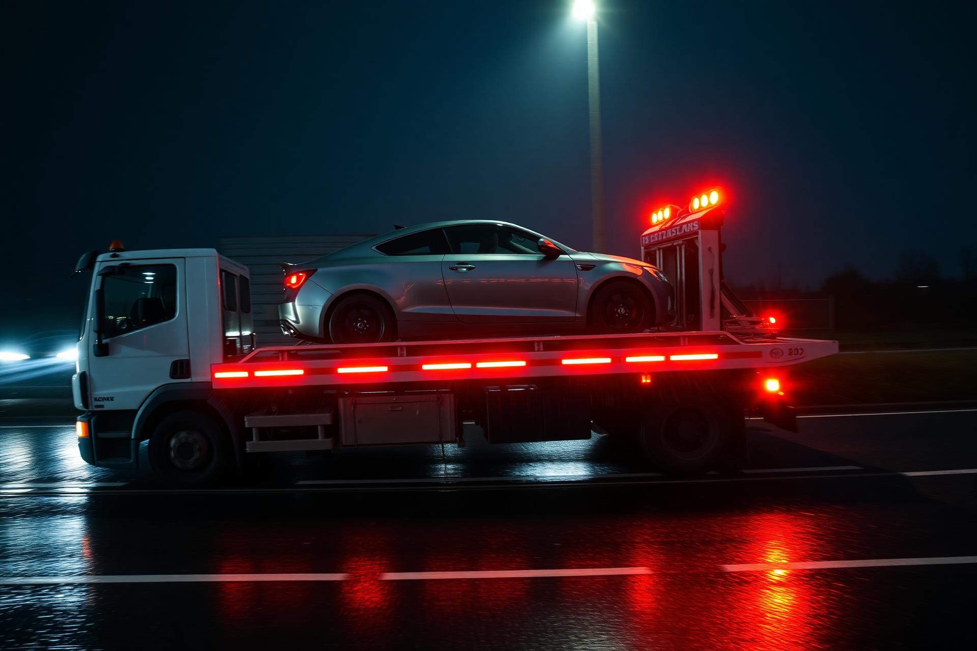 Recovery truck loading a vehicle on a rainy UK motorway at night